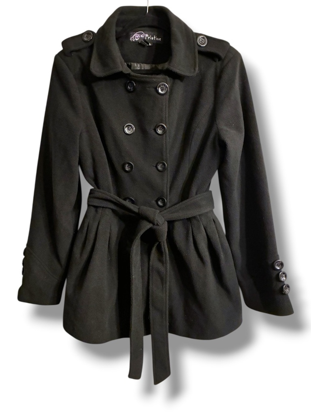 🖤 Pristine Black Peacoat Jacket Belted Double Breasted Size L NWOT
